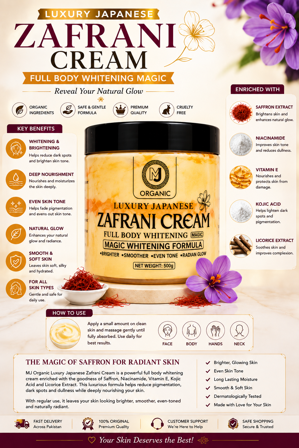 **MJ Organic Zafrani Cream – Full Body Brightening (500g)